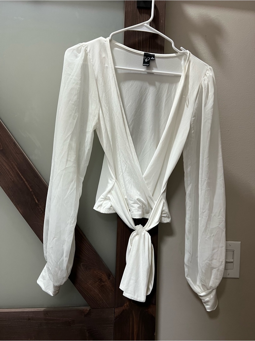 Express White Tie-Front Wrap Blouse with Sheer Long Sleeves